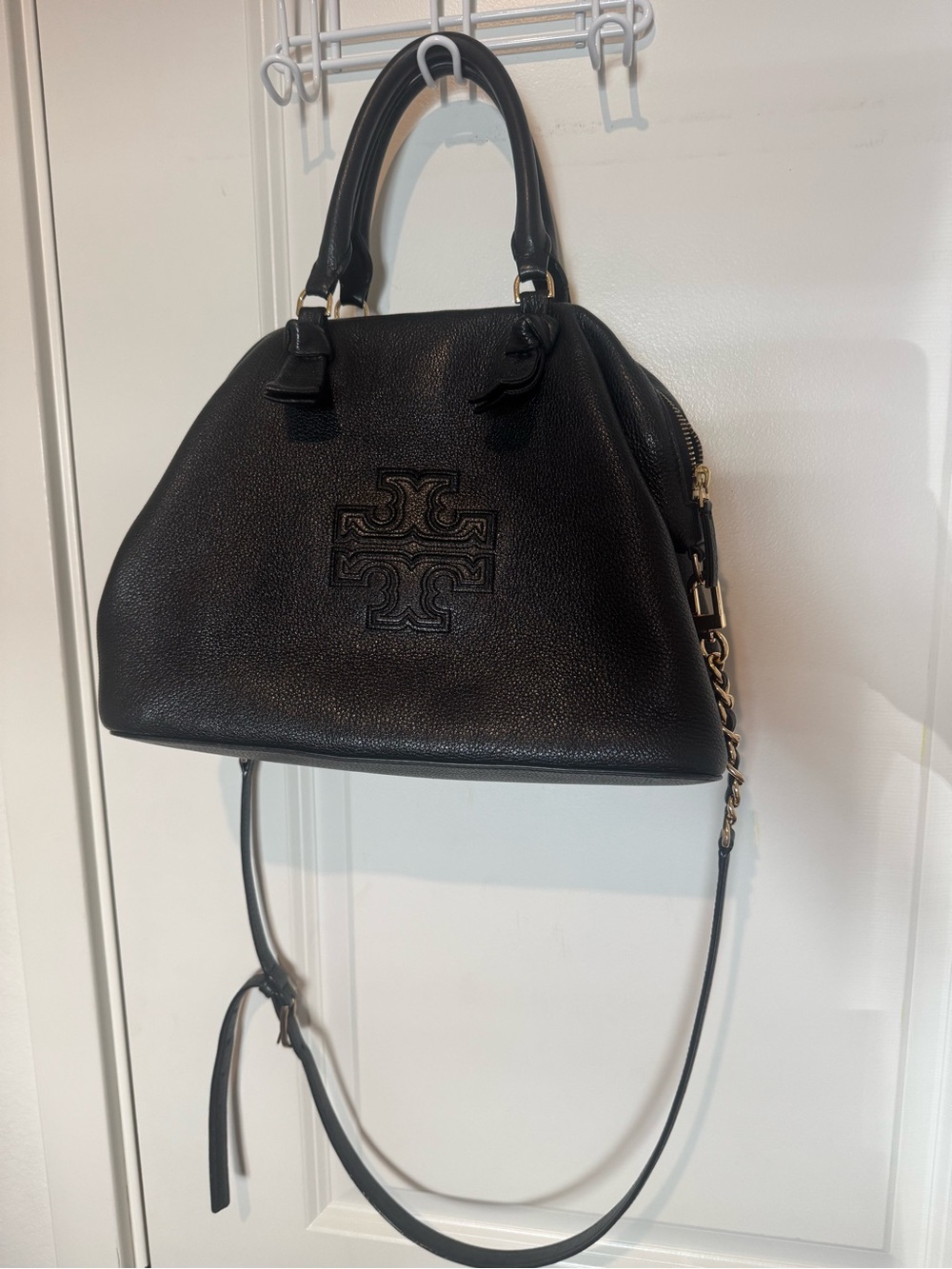 Tory Burch Black Pebbled Leather Slouchy Satchel with Chain Strap